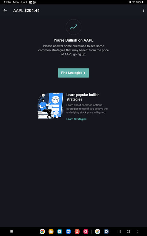 The options wizard find strategies button on the Android Tablet